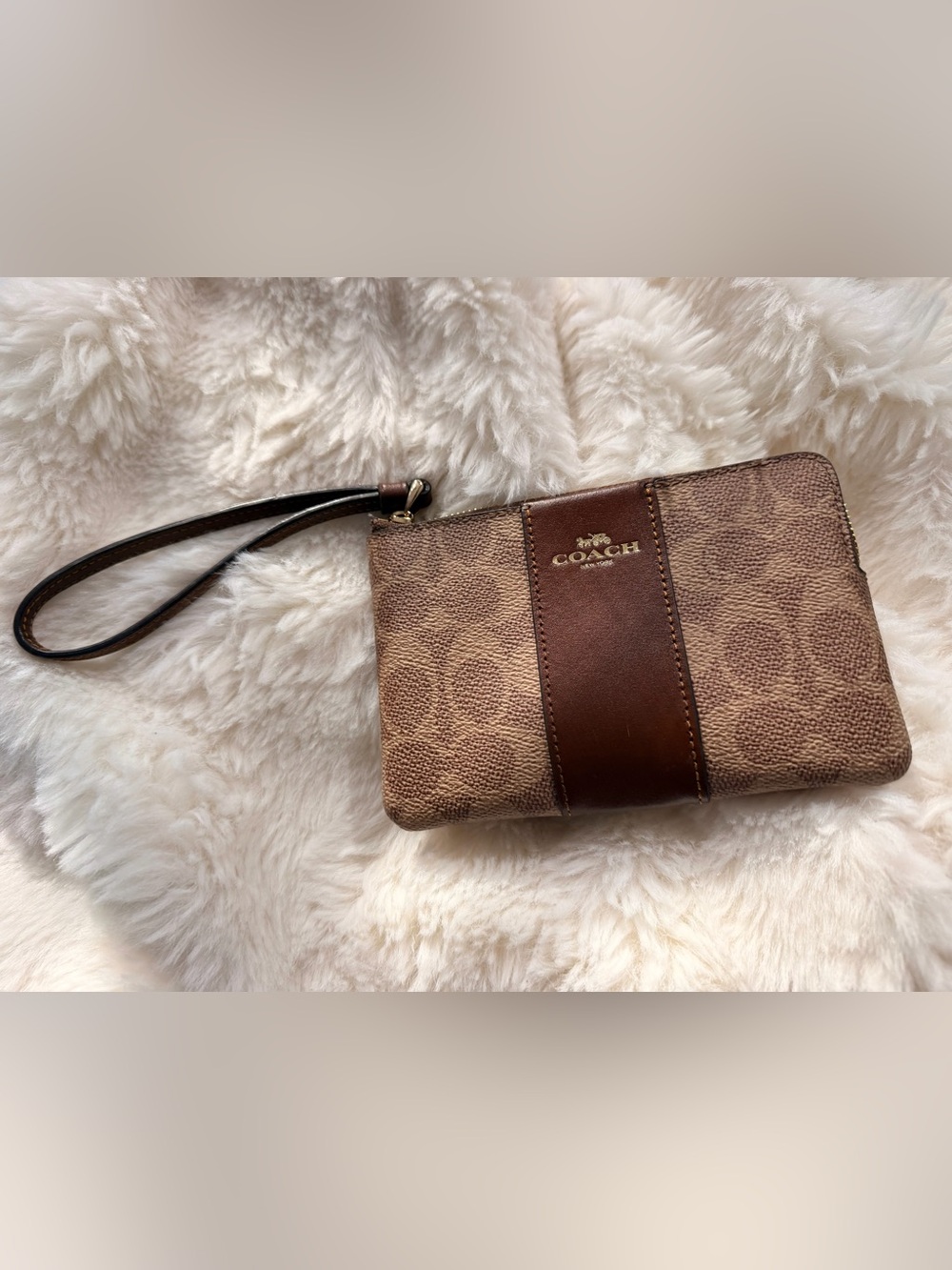 COACH Corner Zip Brown Signature Wristlet with Leather Center Panel